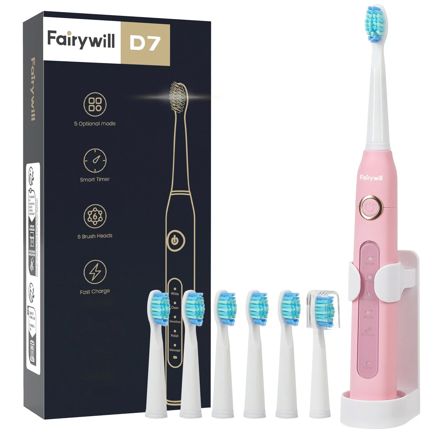 Fairywill Sonic Electric Toothbrush USB Rechargeable with 8 Brush Heads 5 Modes